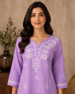 SN231 women’s lavender embroidered short kurti V-neck neckline closeup detail