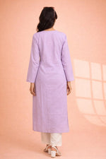 SN232 women’s lavender cotton straight kurta with long sleeves and embroidered detailing, back view