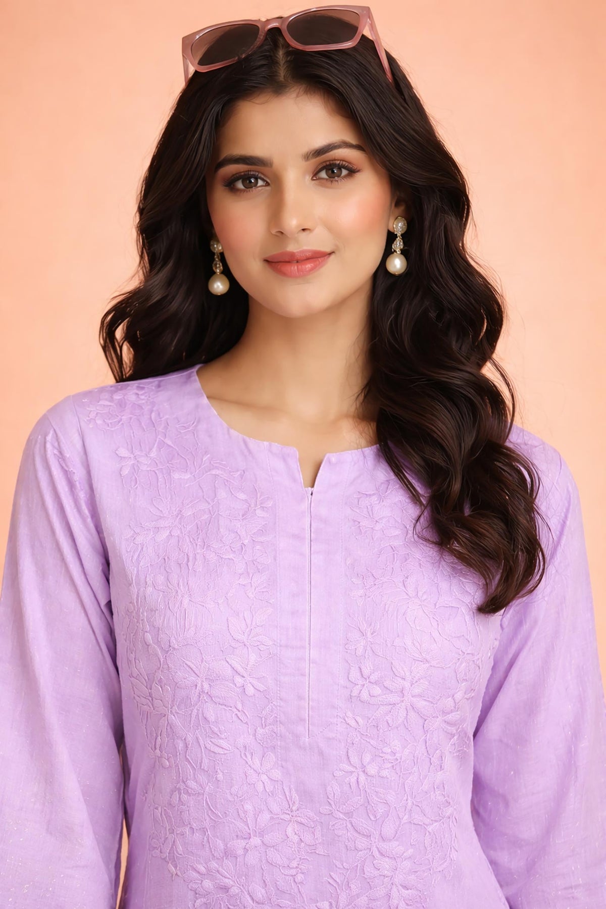 SN232 women’s lavender cotton embroidered straight kurta with long sleeves and round slit neckline, closeup detailing