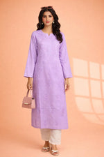 SN232 women’s lavender cotton embroidered straight kurta with long sleeves and round slit neckline, front view styling