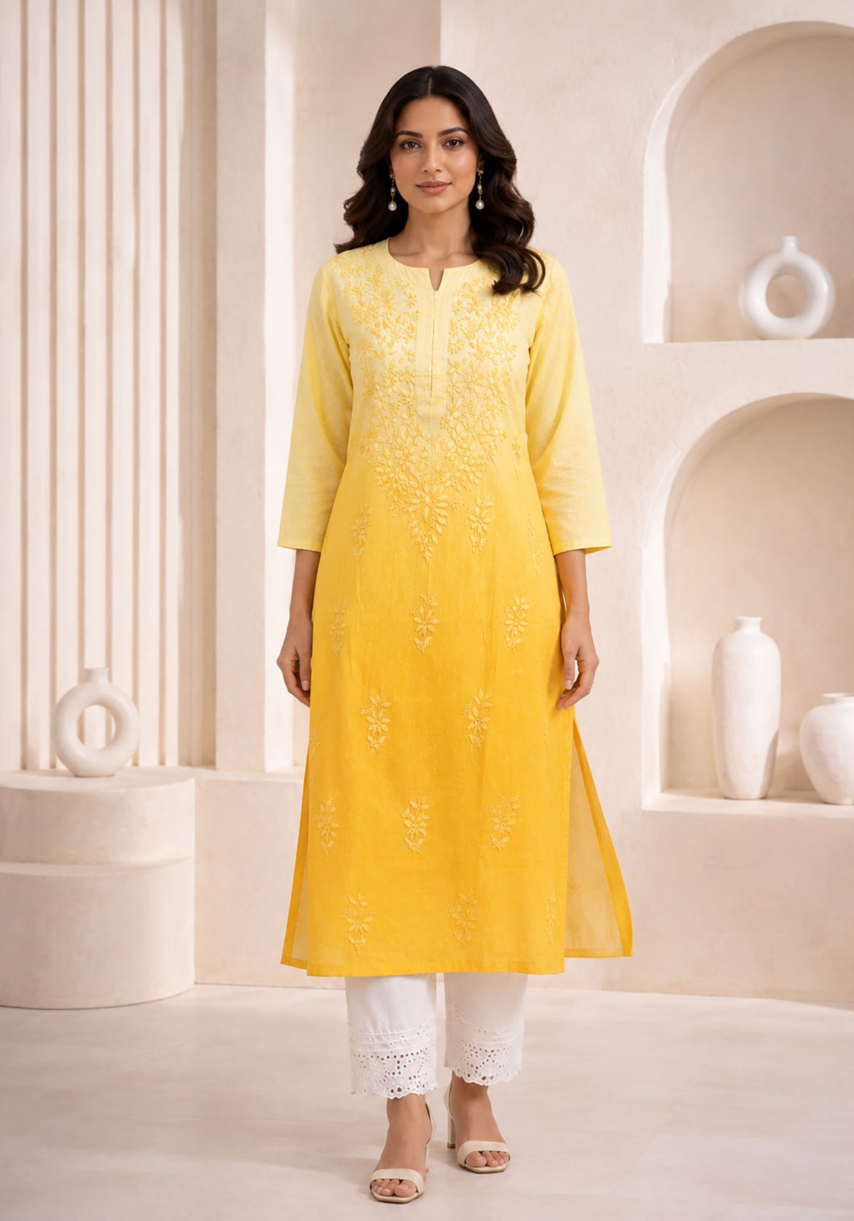 SN233 women’s ombre yellow embroidered straight kurta set with three-quarter sleeves, front pose