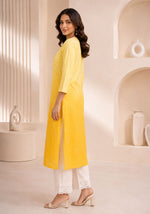 SN233 women’s ombre yellow straight kurta set with side slit, three-quarter sleeves, side pose