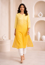 SN233 women’s ombre yellow embroidered kurta set in walking pose with natural drape