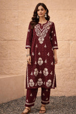 SN235 women’s maroon cotton embroidered kurta pant set front pose with three-quarter sleeves and round slit neckline