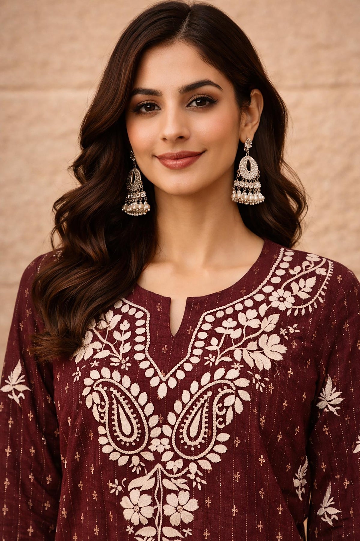 SN235 women’s maroon cotton embroidered kurta closeup showing round neckline with slit and intricate ivory embroidery