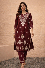 SN235 women’s maroon cotton embroidered kurta pant set walking pose with relaxed fit and coordinated pants