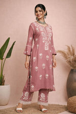 SN236 women’s dusty rose cotton blend kurta set side pose with straight silhouette and embroidered pants