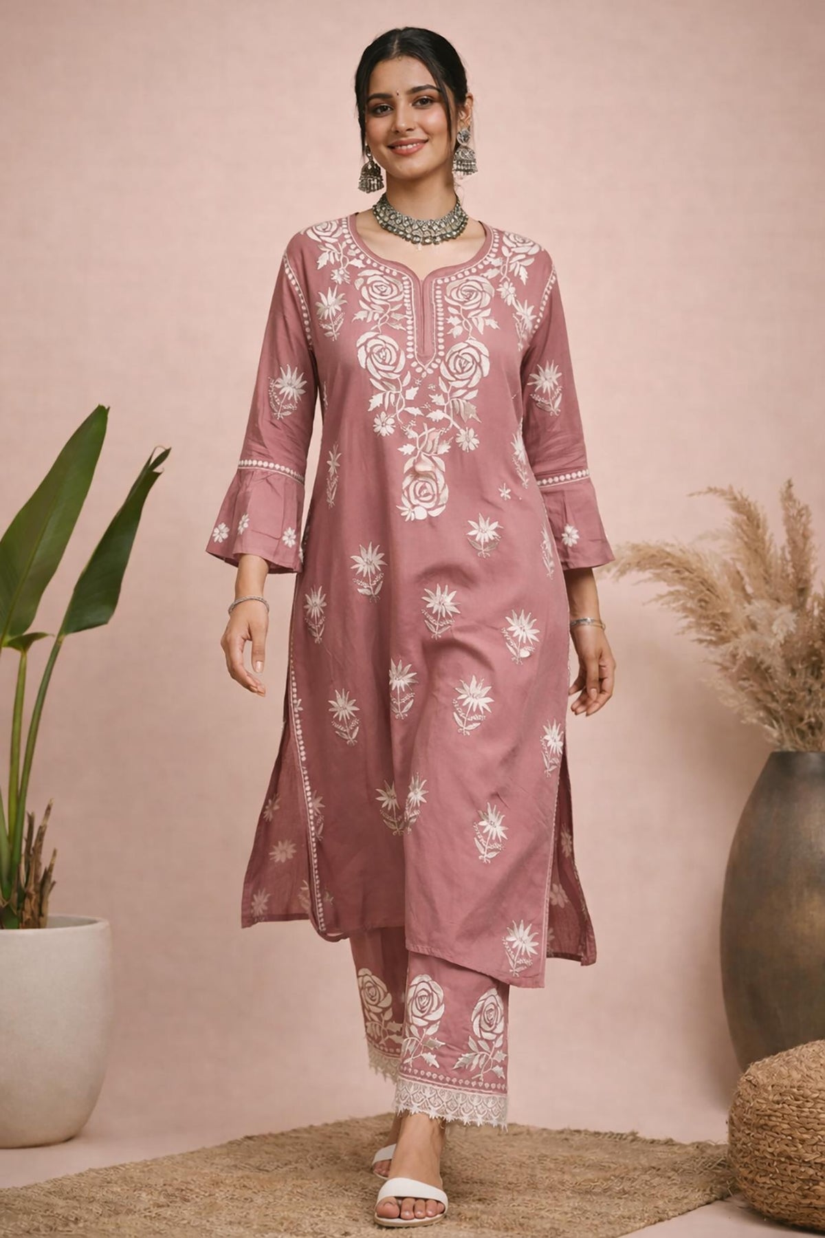 SN236 women’s dusty rose cotton blend kurta set walking pose with flared sleeves and lace hem pants