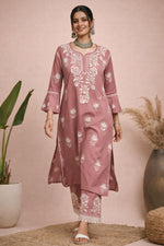 SN236 women’s dusty rose cotton blend kurta set walking pose with flared sleeves and lace hem pants