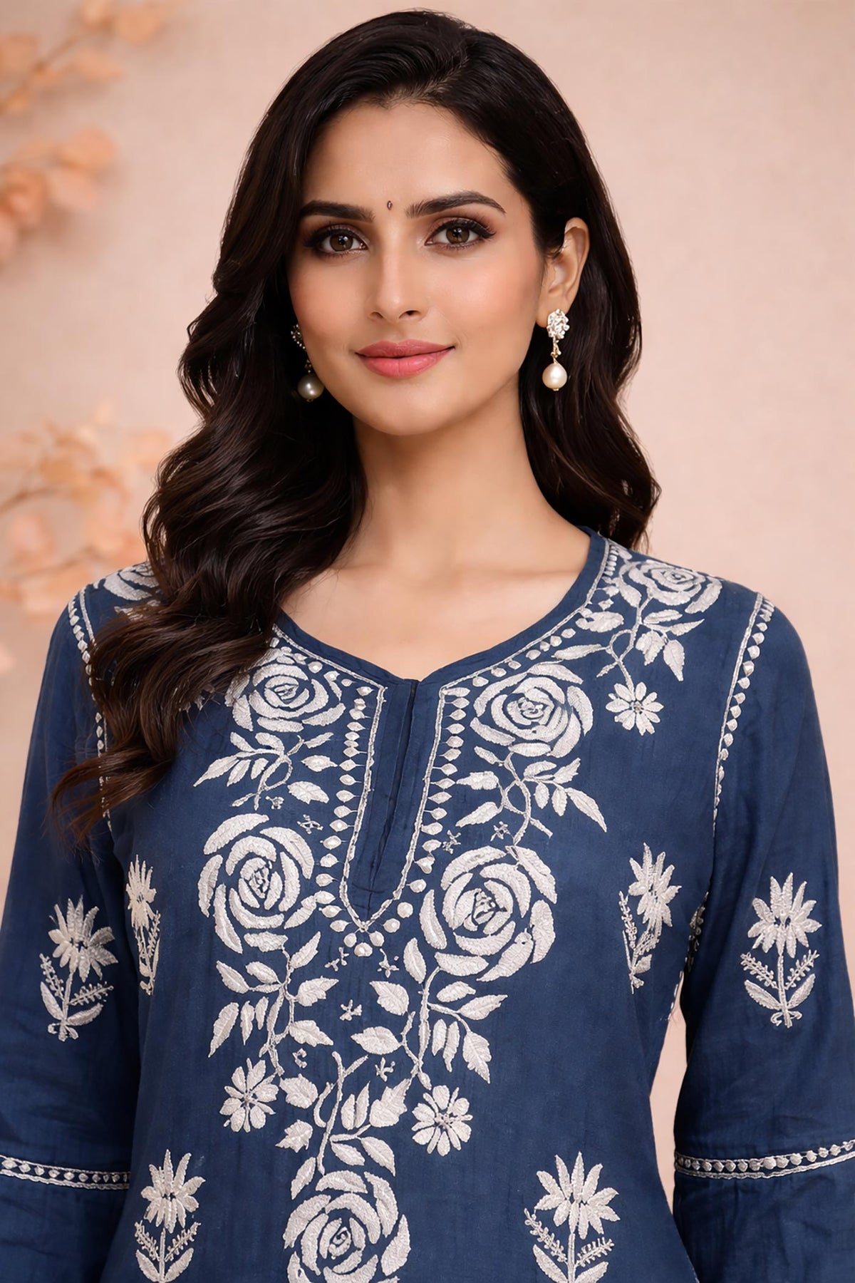SN237 women’s indigo cotton kurta closeup showing V-neck and floral embroidery detail