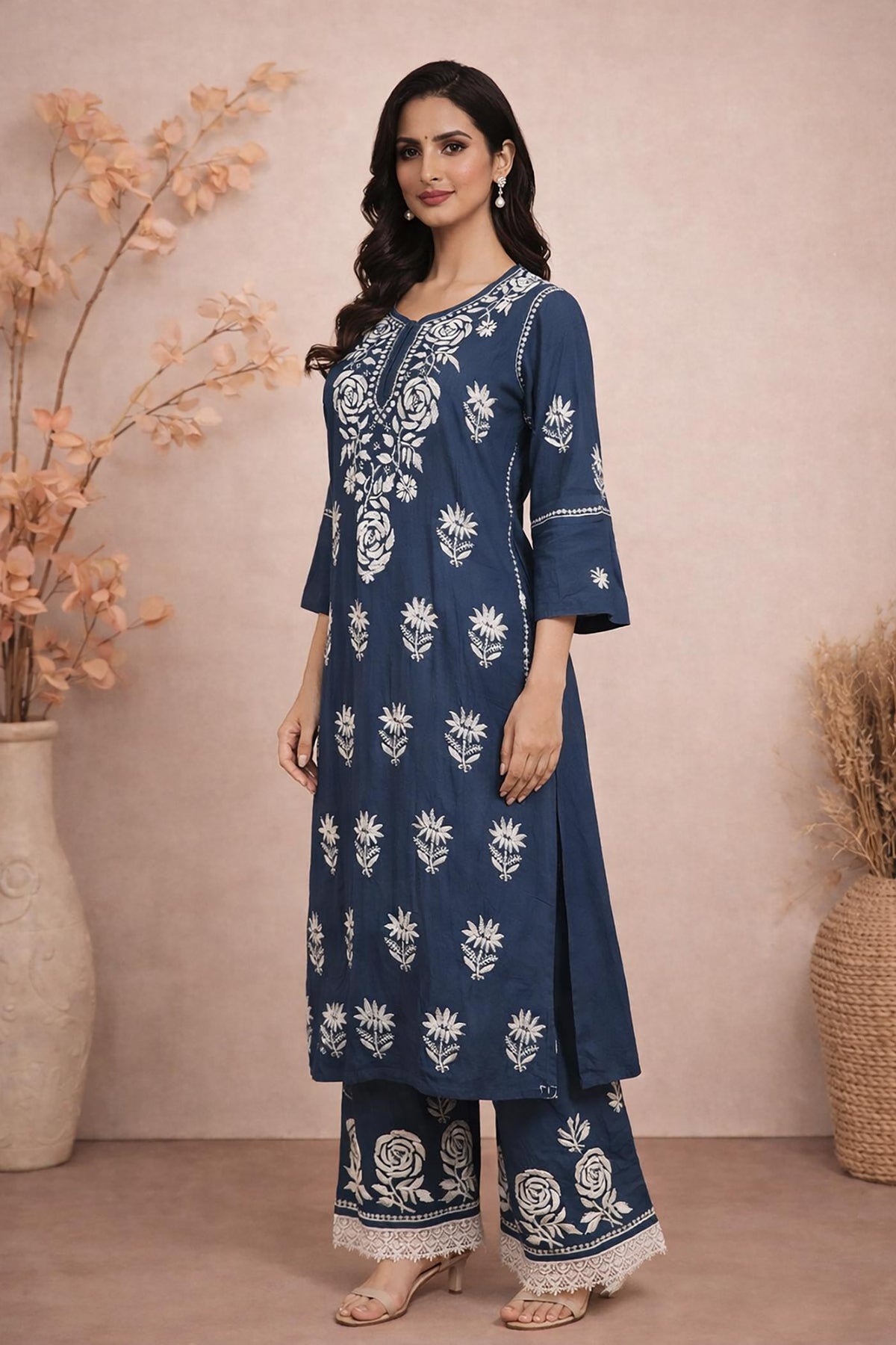 SN237 women’s indigo cotton kurta palazzo set side pose with long sleeves and straight fit