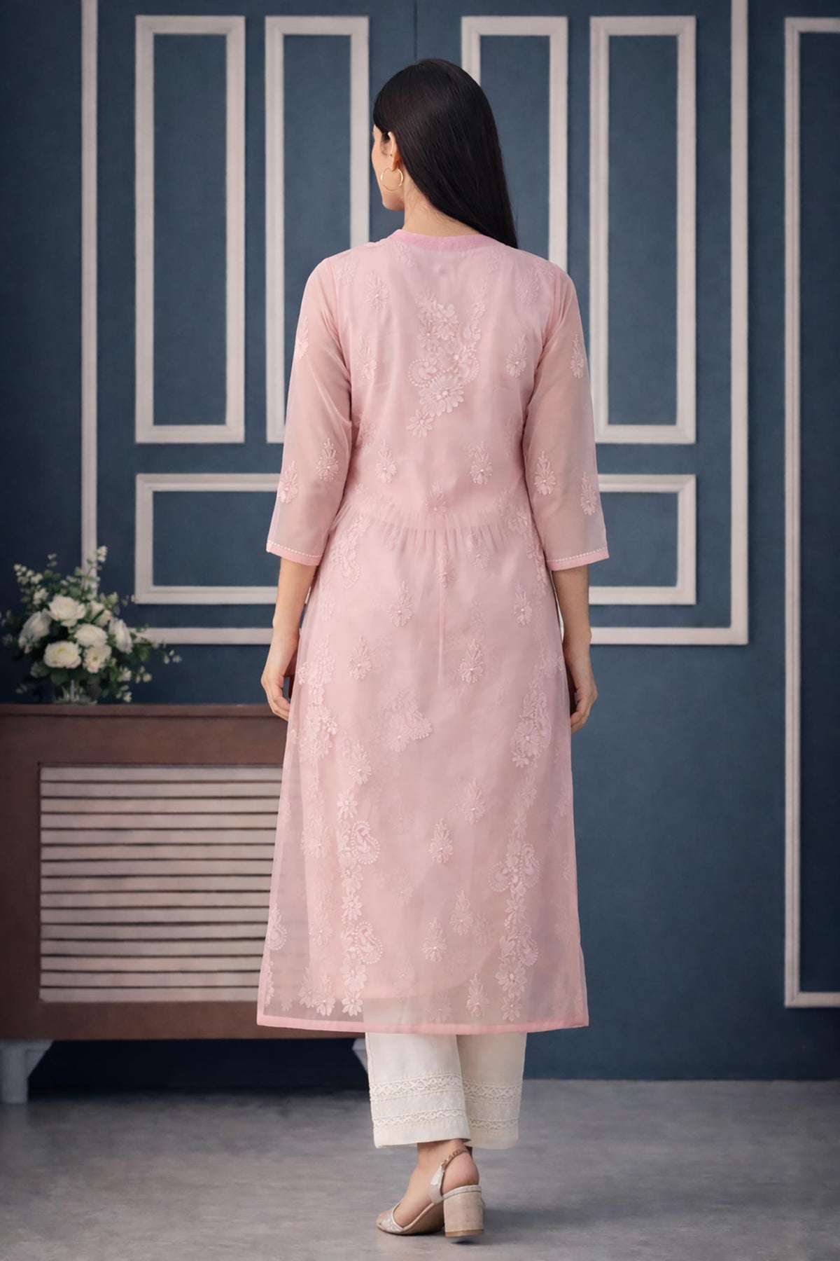 SN238 women’s blush pink organza embroidered kurta with three-quarter sleeves back view