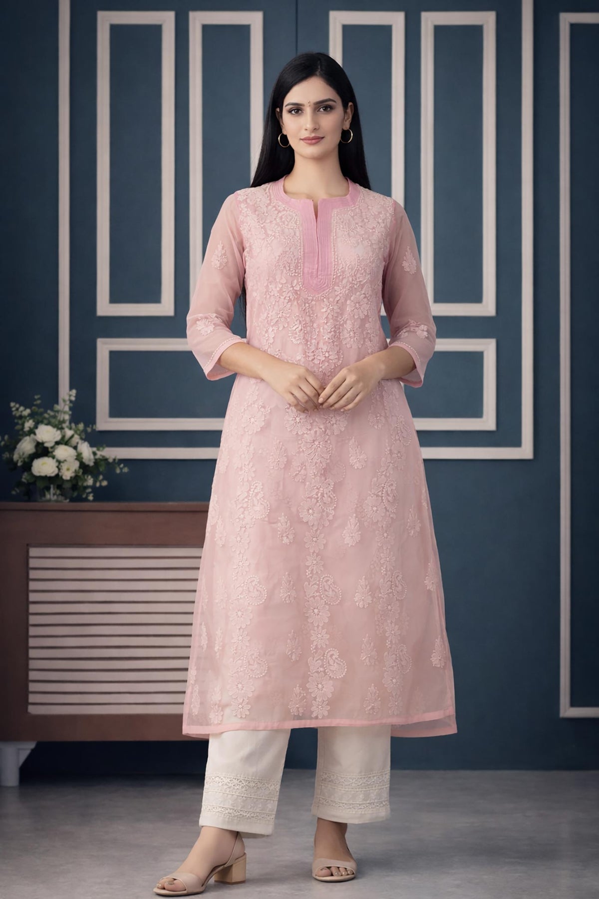 SN238 women’s blush pink organza embroidered kurta with three-quarter sleeves in front pose