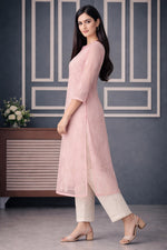 SN238 women’s blush pink long sleeve organza embroidered kurta in side pose