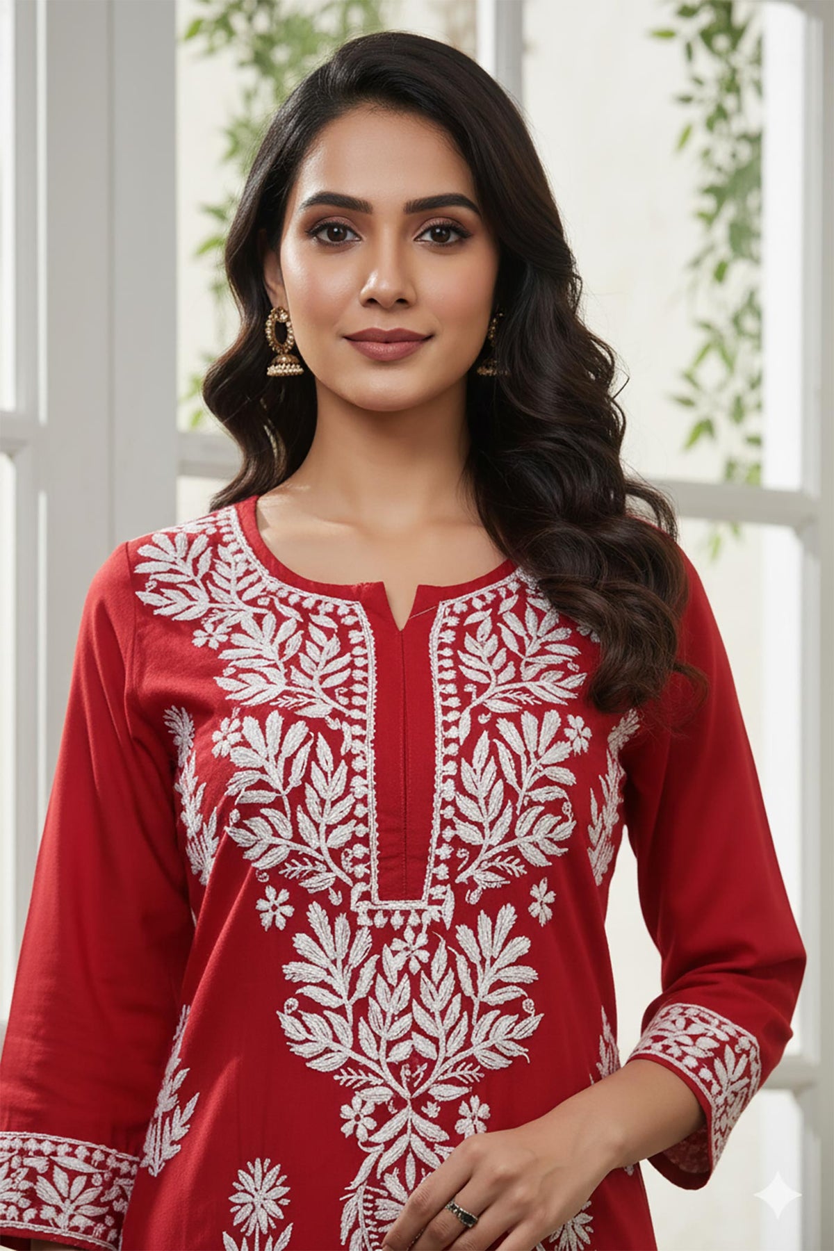 SN239 women’s crimson red cotton kurti closeup showing Chikankari embroidery and round slit neckline detail