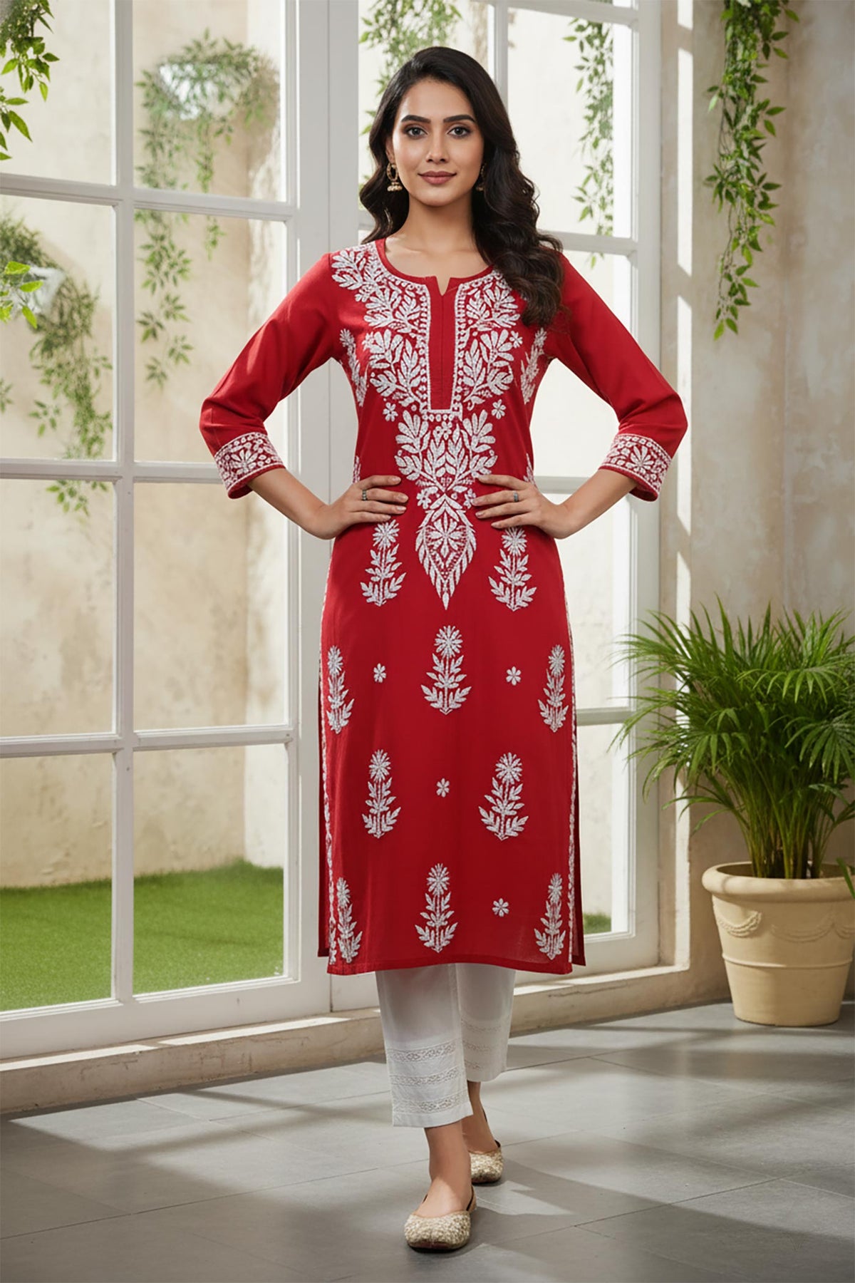 SN239 women’s crimson red cotton kurti with Chikankari embroidery, three-quarter sleeves and round slit neckline front view