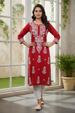 SN239 women’s crimson red cotton kurti with Chikankari embroidery, three-quarter sleeves and round slit neckline front view