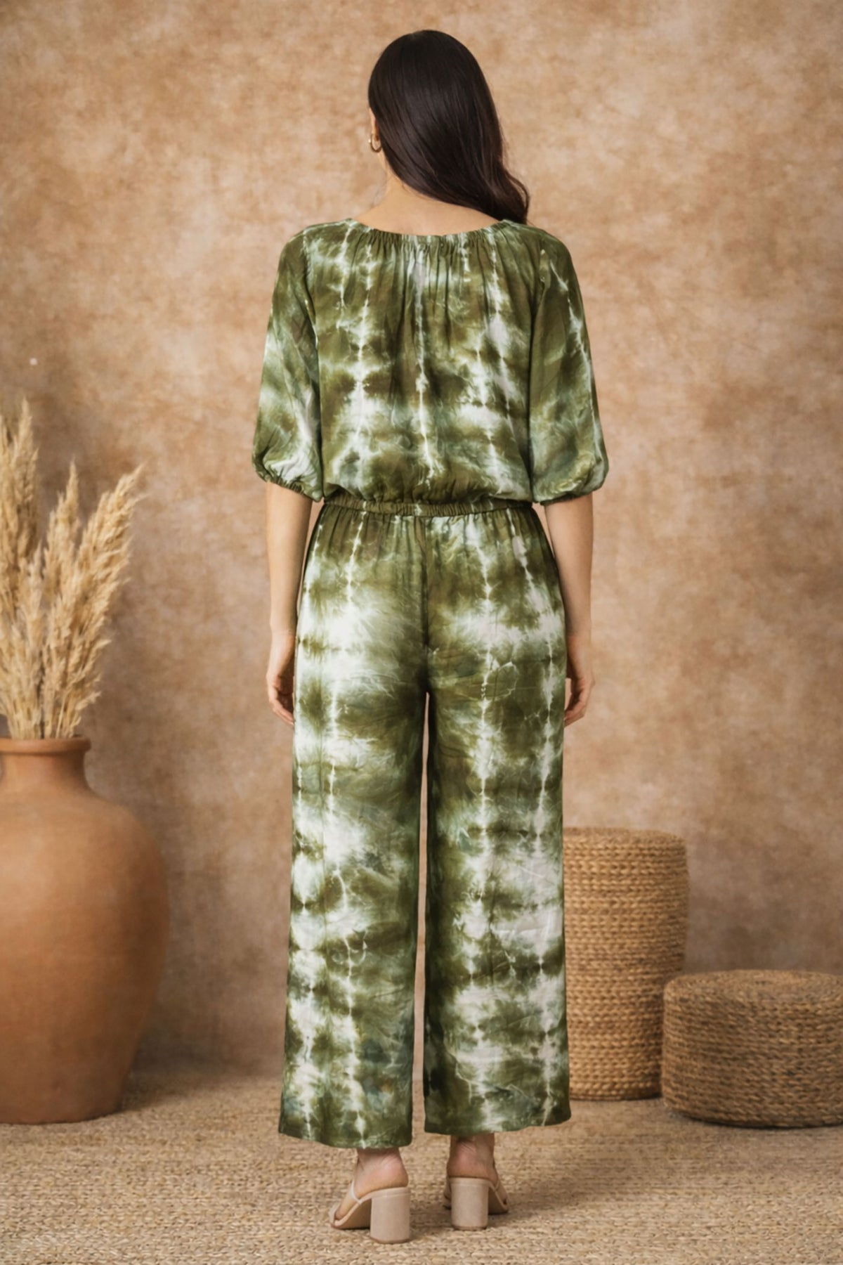 SN24 olive green tie-dye co-ord set for women, elastic waist and full length pants back view