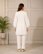SN240 women’s ivory cotton chikankari kurta set with long balloon sleeves and embroidered pants back view