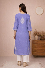 SN241 women’s periwinkle cotton straight kurta with subtle back embroidery and three-quarter sleeves, back pose view.