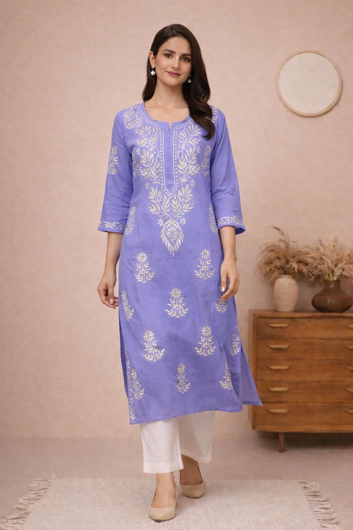 SN241 women’s periwinkle cotton embroidered straight kurta with round slit neckline and three-quarter sleeves, walking pose.