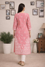 SN243 women’s dusty rose cotton straight kurta back view with three-quarter sleeves and embroidered accents