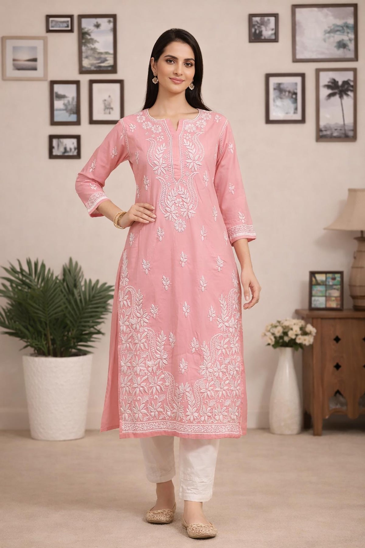 SN243 women’s dusty rose cotton straight kurta with chikankari embroidery, V-neck and three-quarter sleeves front view