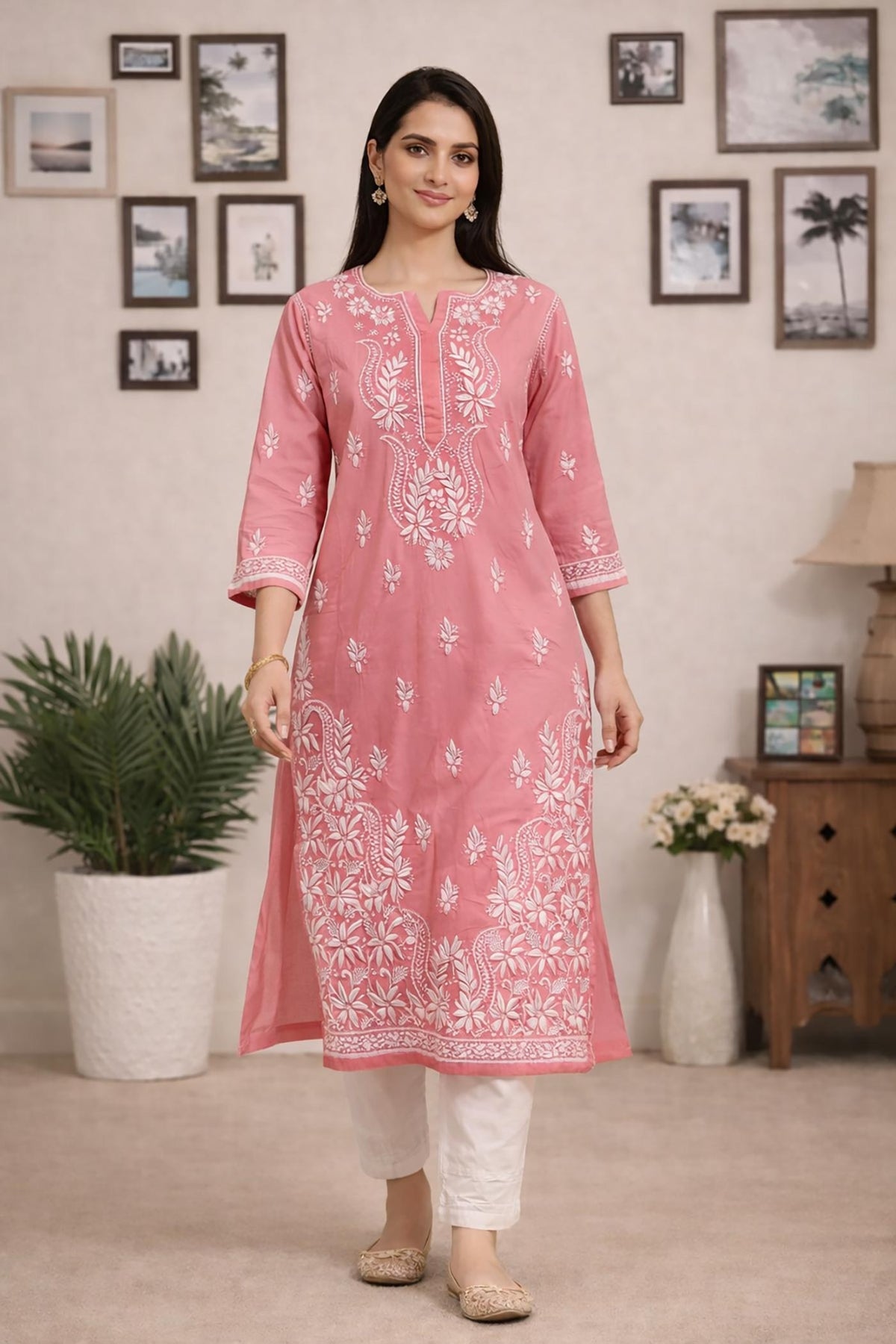 SN243 women’s dusty rose cotton straight kurta walking pose with V-neck, chikankari embroidery and relaxed fit