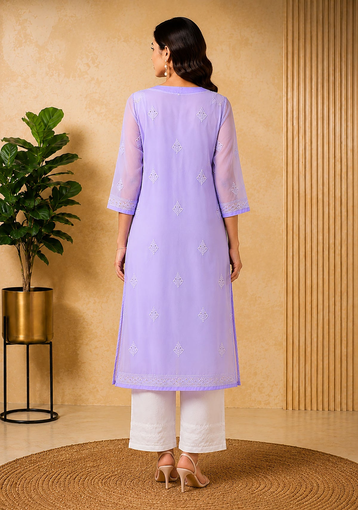 SN245 women’s lavender chikankari embroidered kurta three-quarter sleeves back pose