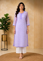 SN245 women’s lavender chikankari embroidered kurta with V-neck and three-quarter sleeves front pose