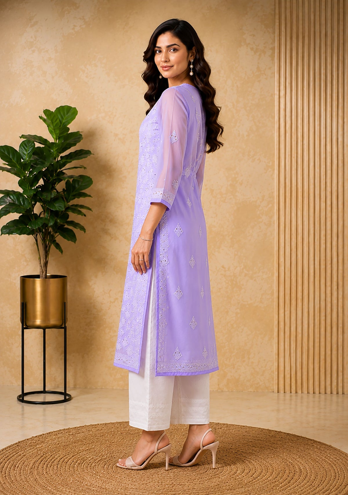 SN245 women’s lavender chikankari embroidered kurta with three-quarter sleeves side pose