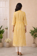 SN246 women’s mustard organza embroidered straight kurta back view with three-quarter sleeves