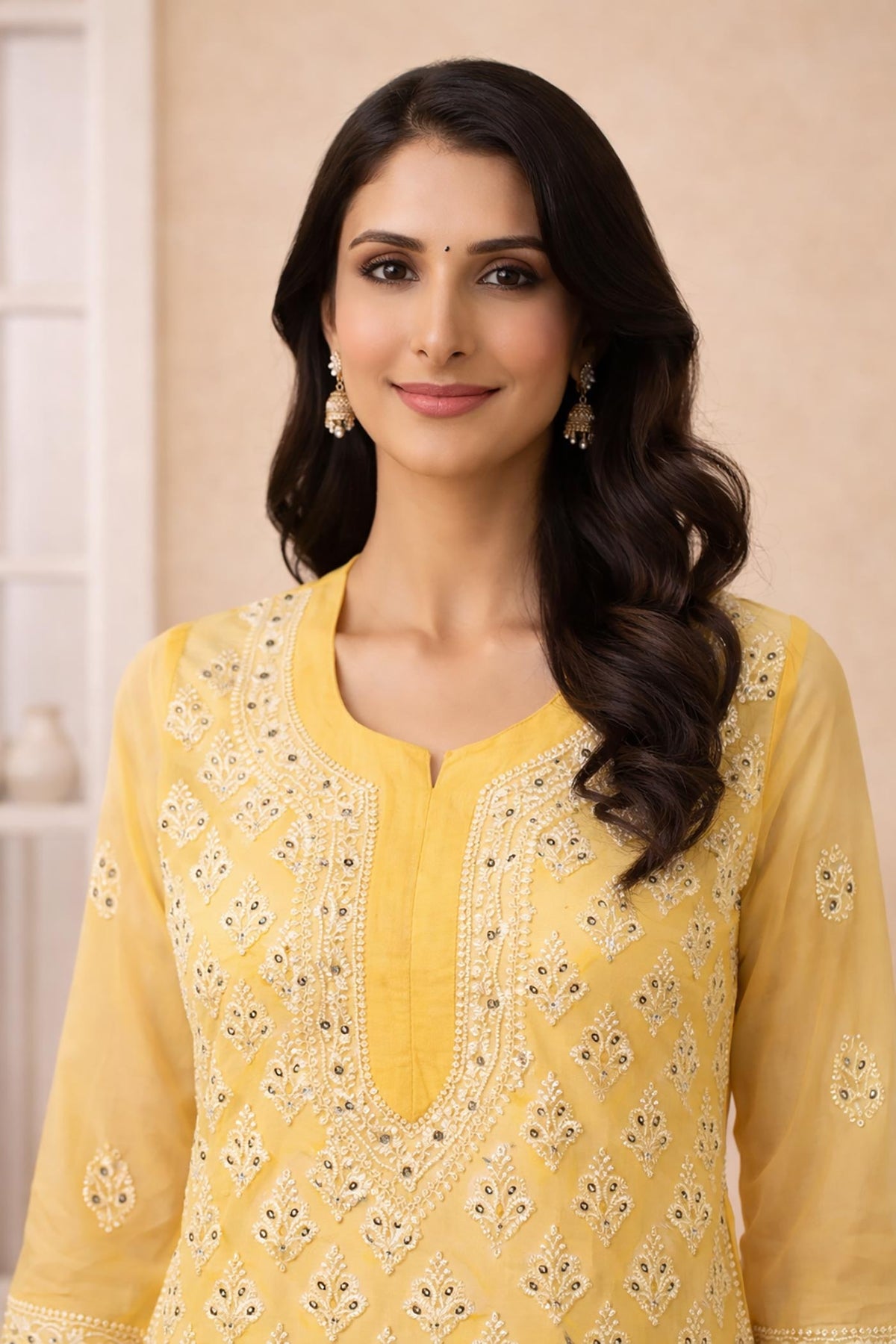 SN246 women’s mustard organza embroidered kurta closeup showing V-neck and mirror work detailing