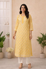 SN246 women’s mustard organza embroidered straight kurta with V-neck and three-quarter sleeves front view