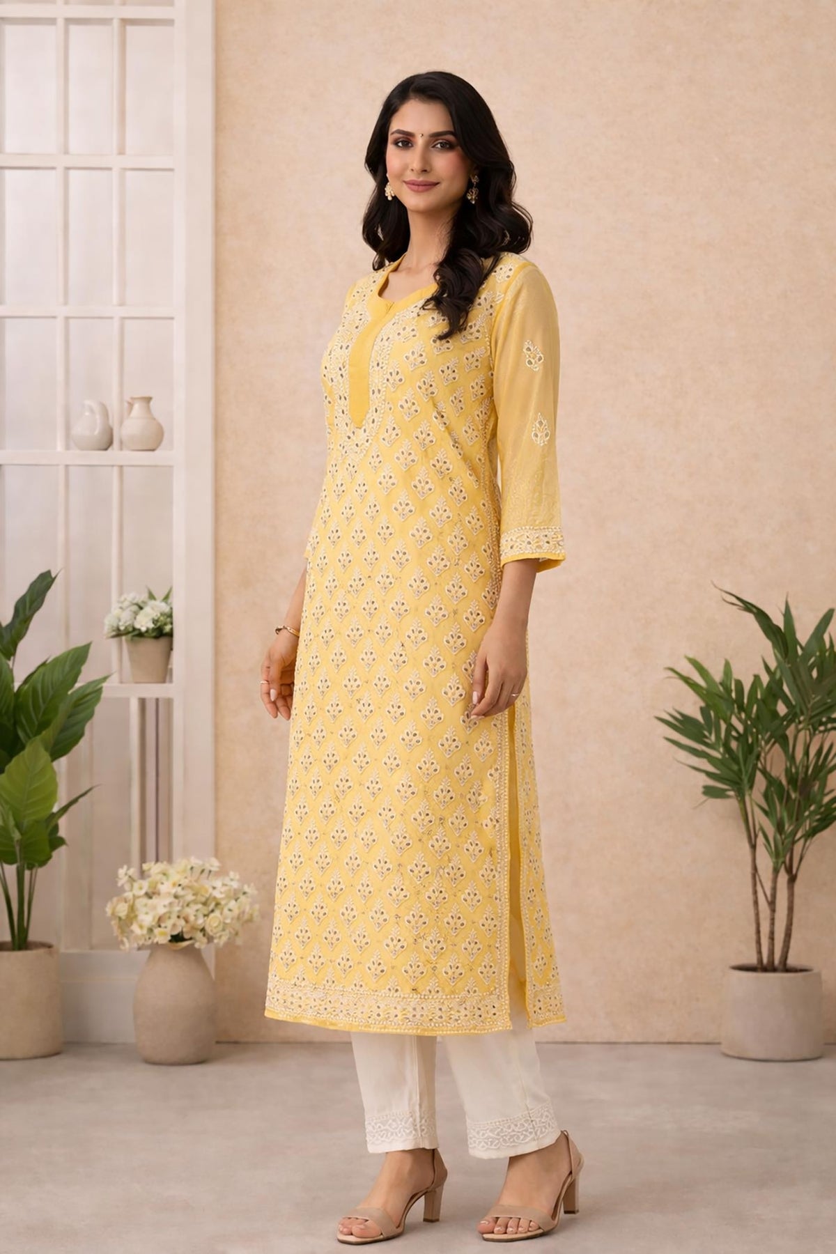 SN246 women’s mustard organza straight kurta side view with embroidery and three-quarter sleeves