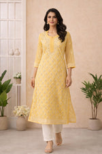 SN246 women’s mustard organza embroidered straight kurta walking pose with V-neck design