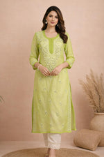 SN247 women’s lime green chiffon kurta with mirror embroidery, round slit neckline and three-quarter sleeves front view