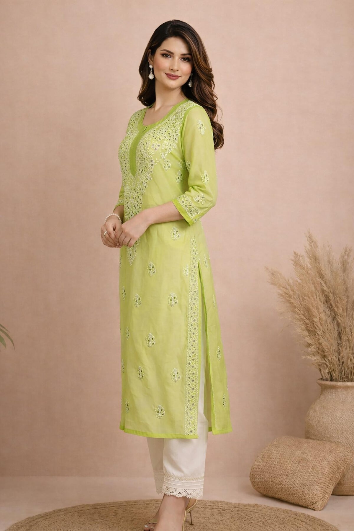SN247 women’s lime green chiffon kurta side view with straight fit, side slit and three-quarter sleeves