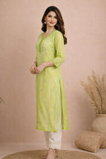 SN247 women’s lime green chiffon kurta side view with straight fit, side slit and three-quarter sleeves