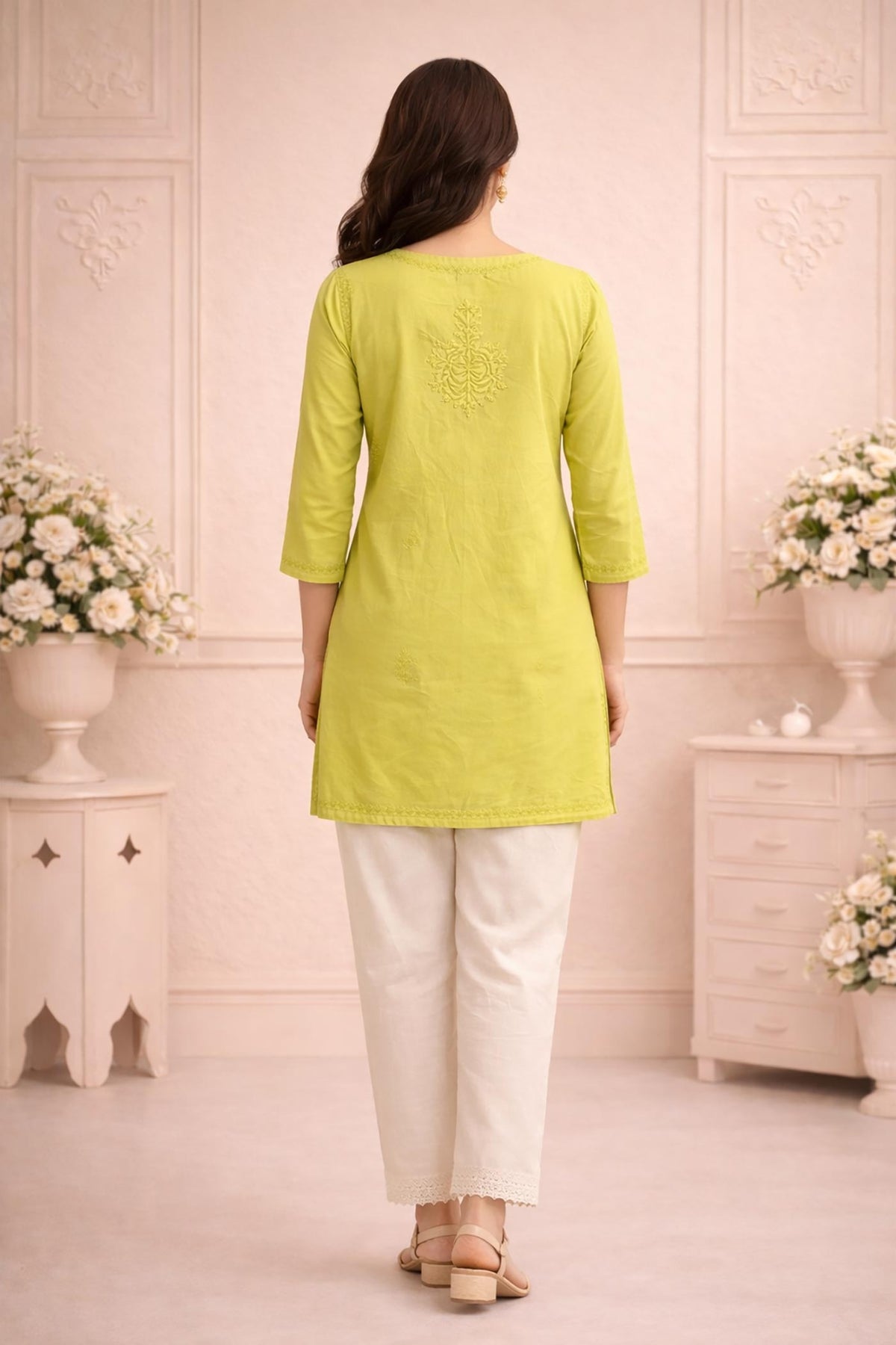 SN249 women’s lime green cotton embroidered kurti back view with straight silhouette and minimal detailing