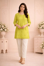SN249 women’s lime green cotton embroidered kurti with round slit neckline and three-quarter sleeves front view