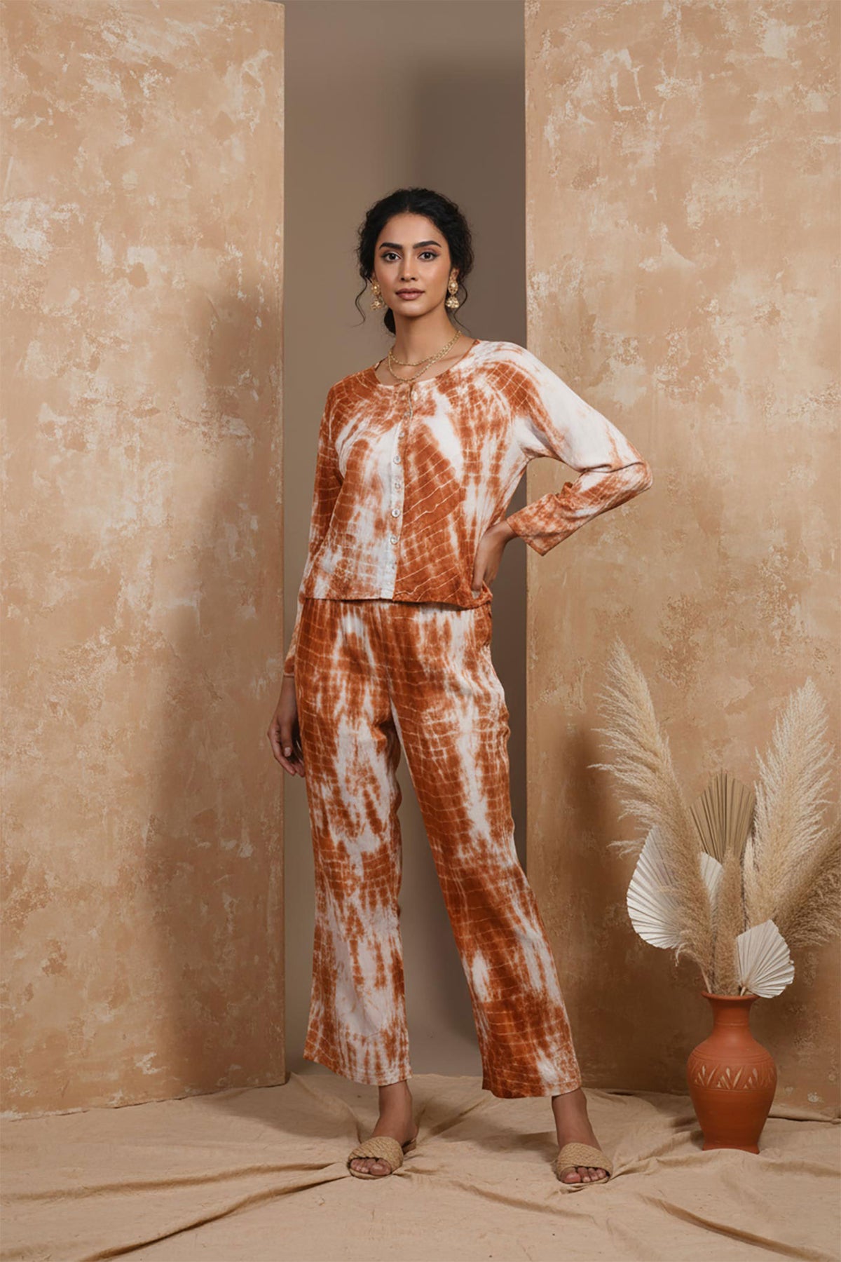SN25 women’s rust tie-dye co-ord set with long sleeve button-front top and straight pants front pose