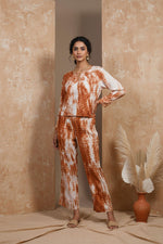SN25 women’s rust tie-dye co-ord set with long sleeve button-front top and straight pants front pose
