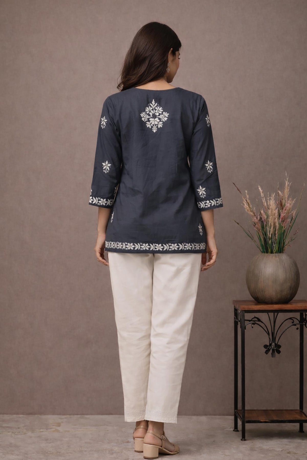 SN251 women’s slate grey cotton kurti back pose with floral embroidery and three-quarter sleeves