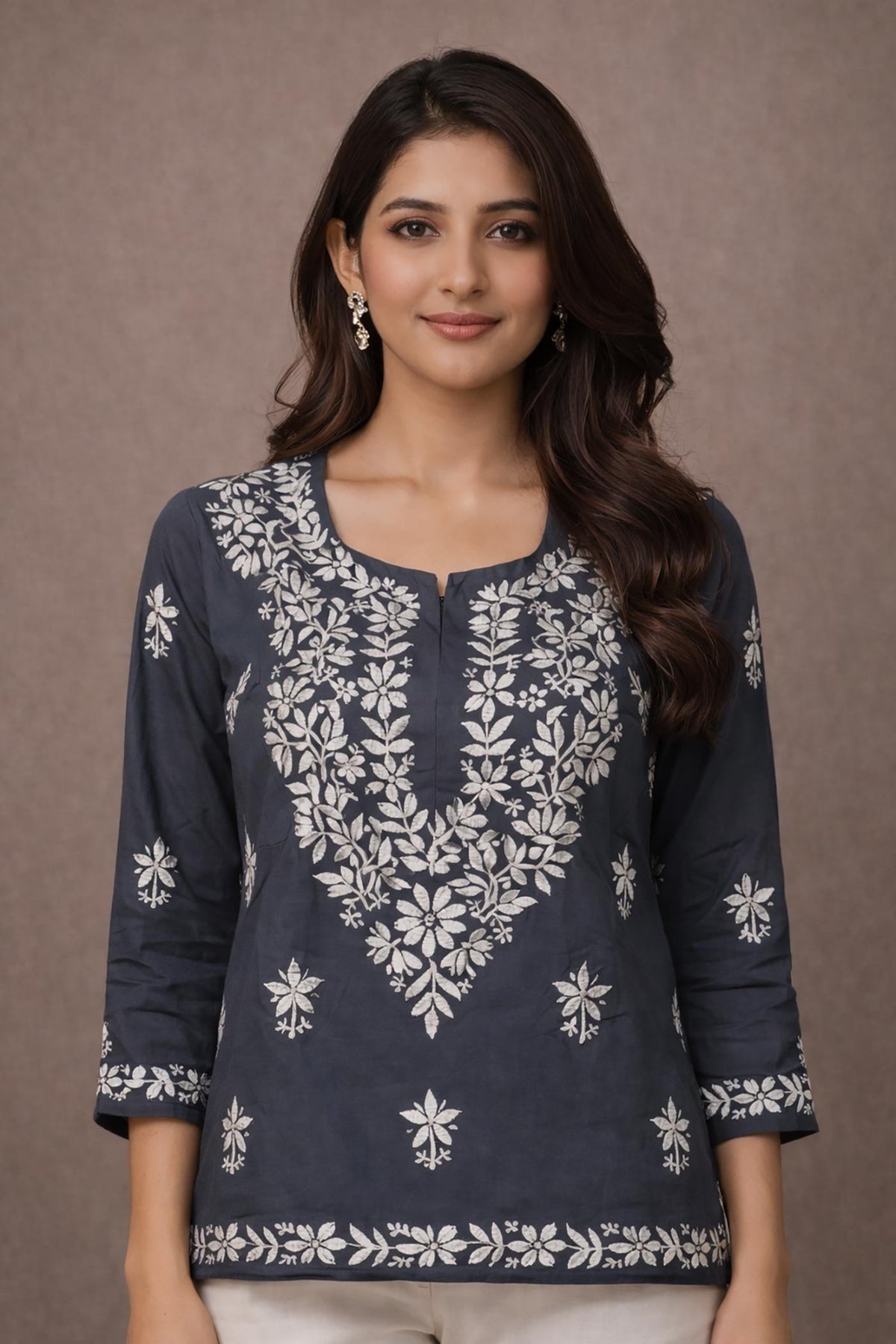 SN251 women’s slate grey cotton kurti closeup showing floral embroidery, round neckline and three-quarter sleeves