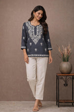 SN251 women’s slate grey cotton kurti with floral embroidery, round neck and three-quarter sleeves front pose