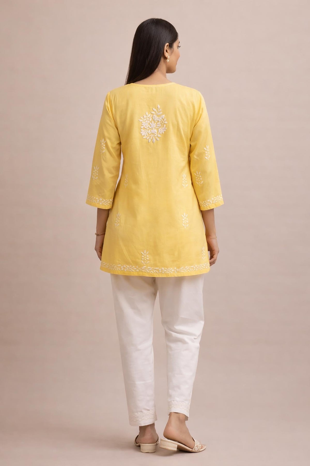 SN253 women’s butter yellow cotton chikankari kurti back pose with long sleeves and straight silhouette