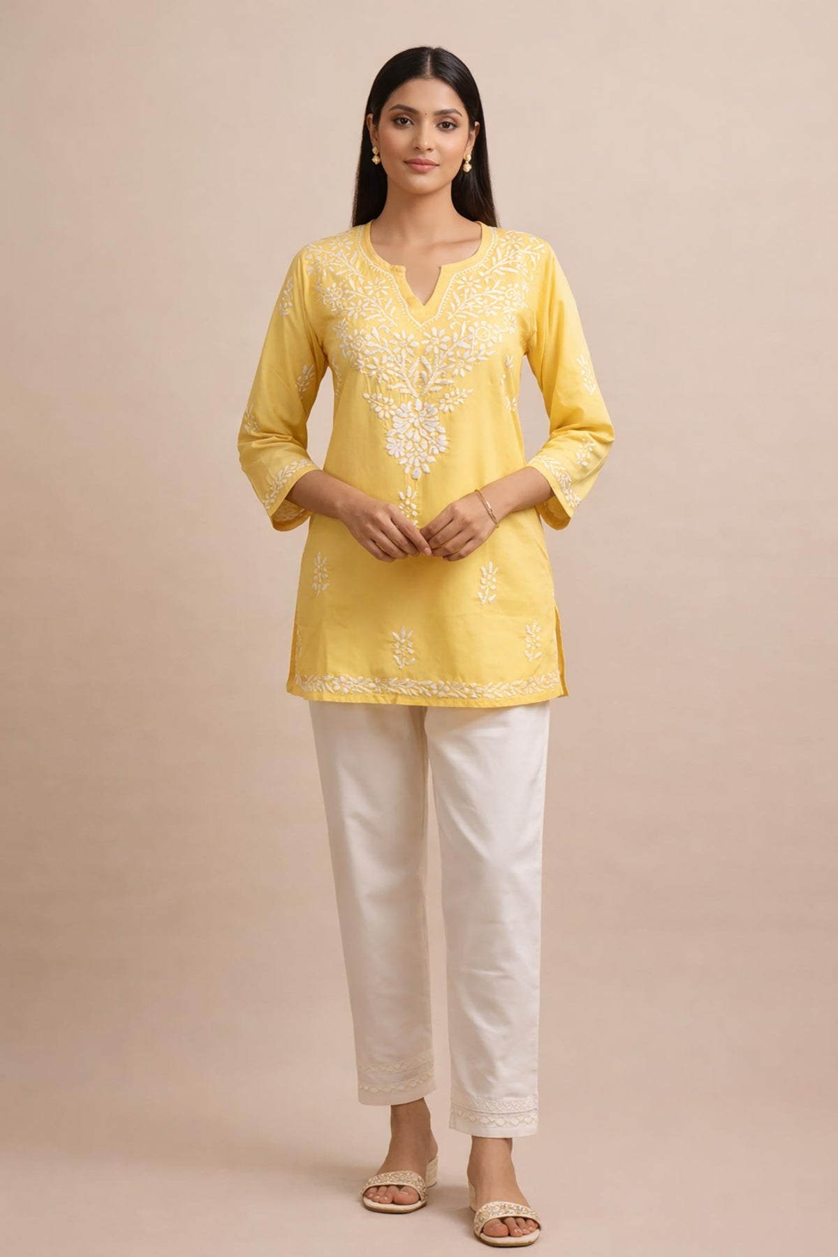 SN253 women’s butter yellow cotton chikankari kurti front pose with V-neck and three-quarter sleeves