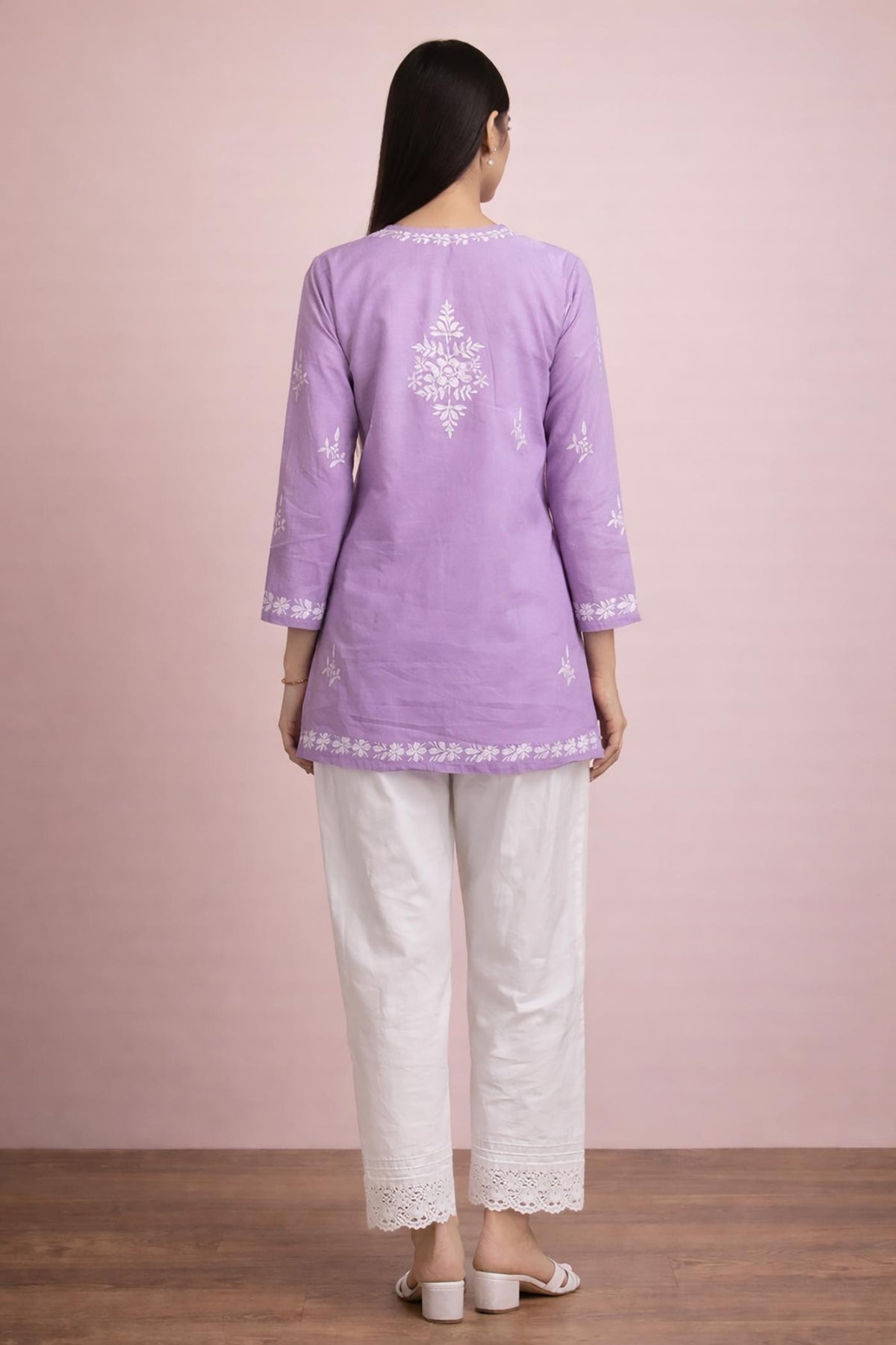 SN254 women’s lavender cotton embroidered kurti back pose showing straight cut and three-quarter sleeves.