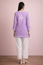 SN254 women’s lavender cotton embroidered kurti back pose showing straight cut and three-quarter sleeves.